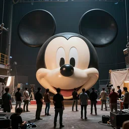 back lot movie set, large mickey mouse head, netflix, people working in foreground, ultra realistic, wide angle, dramatic lighting, mass effect artifacts, highly detailed by peter mohrbacher, hajime sorayama, wayne barlowe, boris vallejo, aaron horkey, gaston bussiere, craig mullins