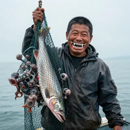an imperfect journalistic portrait of a fisherman, after he has caught a fractal cluster of chimeric biomechanical humans in his net. he grins proudly, baring his gargantuan razor sharp teeth like blades of a professional food processor