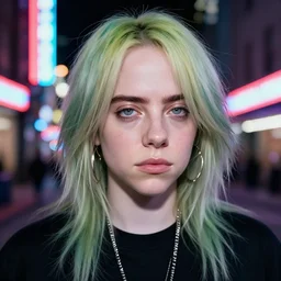 billie eilish girl in the street, explosion of neon lights, close up, 5 0 mm lens, model photography detailed realistic