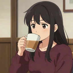 Woman drinking coffee, anime screenshot
