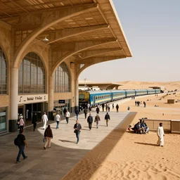 Busy grand train station in the sahara desert