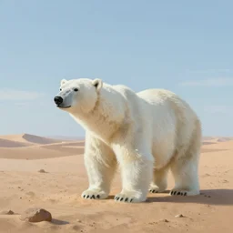 polar bear in the desert, painting by Craig Mullins, octane rendering, soft morning lighting, wide angle lens, in the style of Hayao Miyazaki, trending on artstation