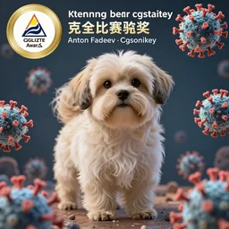 a microscopic cream colored havanese dog surrounded by viral particles, anton fadeev greg rutkowski intricate 3 2 k trending on artstation cgsociety contest winner award winning golden ratio centered minutia details