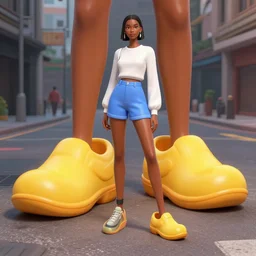 a fashion model, creative, brown skin, digital art, photo manipulation, artstation, standing, cyberpunk, giant, street, duck shoes, up there, photoshop