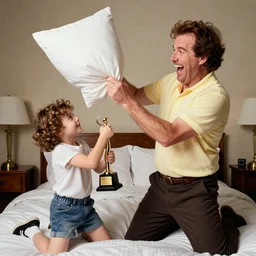 highly detailed stunning family portrait of jim varney pillow fighting jim varney in his bedroom laughing, jim varney playing with jim varney award winning