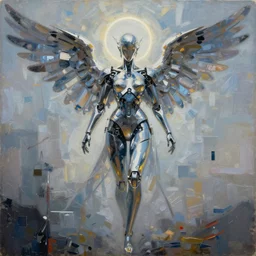 abstract, mixed media painting of a Cyber Biomech angel , chrome, bright halo
