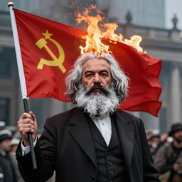 Karl Marx burning a communist flag, realistic photo.
