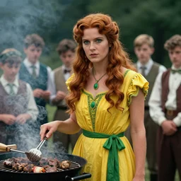 an image of a queen with tan skin long rippling cinnamon hair and emerald colored eyes in a medium full shot, vintage historical fantasy 1 9 3 0 s kodachrome slide german and eastern european mix. the queen is pictured attending a barbecue for youth volunteers. she is dressed in a yellow dress paired with green accessories. ultra realistic, photorealistic, ray cinematic, cinema, hyper realistic, cinematic lighting, photorealism, 8 k render.