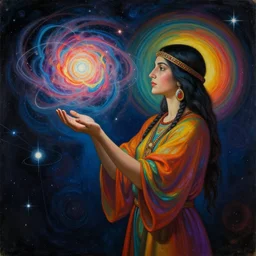 a shaman woman holding up the cosmic!!! universe, by remedios varo, reflection, symbolist, psychedelic colors, dramatic lighting, smooth, sharp focus, extremely detailed, aesthetically pleasing composition