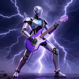 1980s album cover with cyborg with neon electric guitar, dramatic pose, thunder lightning in background, electric arcs, 4k, digital art
