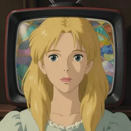front view woman blond portrait tv on head, art by studio ghibli and greg rutkowski and artgerm and ilya kuvshinov, portrait, d & d, fantasy, highly detailed, digital painting, headshot, trending on artstation, concept art, sharp focus, illustration art by artgerm and greg rutkowski and alphonse mucha
