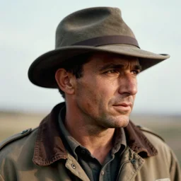 an action portrait of a man wearing explorers clothes and hat, dramatic, motion blur, headshot, by robert capa, trending on artstation, octane render, unreal engine 5
