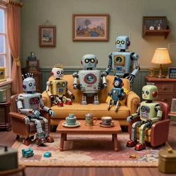 retro tin toy living room of cyberpunk robot family, diorama, dof, zeiss lens, detailed, centered, fashion photoshoot, by nicoletta ceccoli, mark ryden, lostfish, artgerm, greg rutkowski, breathtaking, 8 k resolution, extremely detailed, beautiful, artistic, hyperrealistic, octane render, - h 8 0 4