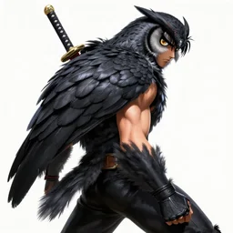 Tekken 4 fighter anime Stunning Portrait right side profile giant Robot Owl with feathers all over its body, short black feathers with a samurai sword on its back, in a fighting stance, digital painting, artstation, concept art, soft light, hdri, smooth, sharp focus, illustration, art by tian zi, craig mullins, Mark Arian, WLOP, alphonse mucha