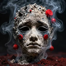 creepy sad face made of ash and smoke, red ornaments, beksinski