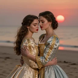 woman love woman, sweet hugs, royal dress, gold trim, atmoshperic, elegant, sharp focus, sand sea, red sun, huge lips, by ilya ozornin, trending on artstation, intricate details