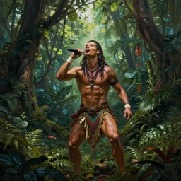 beautiful painted by Cristiano Ronaldo shaman singing in the jungle, matte painting, fantasy art, ayahuasca