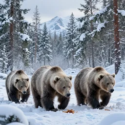 Huge Bears wandering in the icey Nordic Scandinavian forest scavenging for food  , realistic 4k octane beautifully detailed render, 4k post-processing, highly detailed, intricate complexity, epic composition, magical atmosphere, cinematic lighting, masterpiece, ultra hd