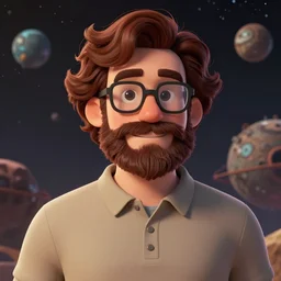 cell shaded, husky, closed - mouth smile, nerdy man character portrait, on an alien planet, wearing polo shirt, earth tones, dark auburn wavy hair, full beard, glasses without frames, freckles, illustrated by don bluth, highly detailed, dynamic shadows, 4 k, wallpaper - 1 0 2 4
