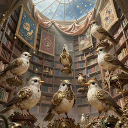 cute steampunk birds emerging from a canvas in a polygonal library walls and glass ceilings showing the stars and hanging silk drapery and tapestries, light dust, magnificent, close up, details, sharp focus, elegant, highly detailed, illustration, by Jordan Grimmer and greg rutkowski and PiNe(パイネ) and 薯子Imoko and 香川悠作 and wlop and maya takamura, intricate, beautiful, Trending artstation, pixiv, digital Art