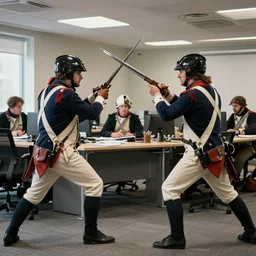 stock photo of office workers fighting in napoleonic wars against each other with various weapons