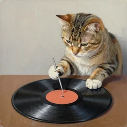 a painting of a cat using her nail as a needle to play vinyl records