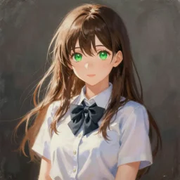 very realistic painting of a beautiful high school anime girl with green eyes and brown hair, perfect face, pixiv, full body