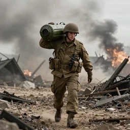 a soldier carrying a nuke on his shoulder, walking through battlefield