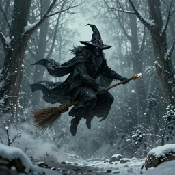 wizard, dark, flying on the broom, front view, trees, snowing, digital art
