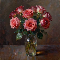 oil painting of roses in cinematic dimly light, shadows, dramatic and very very very very beautiful masterpiece, light reflection, light refraction, transparent glass vase, bold and sloppy brush strokes