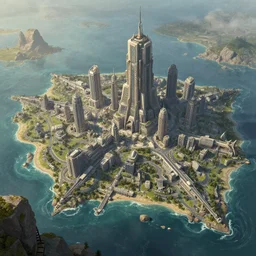 a futuristic city surrounded by water and rocks, a detailed matte painting by Stephan Martinière, cgsociety, fantasy art, matte painting, unreal engine 5, unreal engine