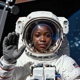 “dark skinned astronaut wearing translucent helmet waving at the international space station nigerian woman facial features highly detailed professional photography 400mm fisheye in the style of Edward hooper”
