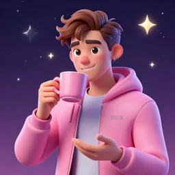 portrait of a ( ( ( grande y pink una taza de cafe ) ) ), ( ( dotado futuristic guapo y joven espanol alegre ) ), tomande cafe, lleno de estrellas y magia, 3 d photorealistic, concept character, by filip hodas, trending on artstation