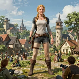 Giant Katniss Everdeen stands next to a town, surrounded by people, 3DS Max render, Gulliver's Travels