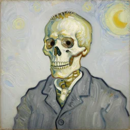 detailed expressionist!! oil painting portrait of a skeleton in a suit!! by van gogh, 8 k resolution, smooth, sharp focus, matte painting, color scheme of white and grey