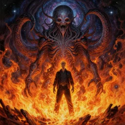bill burr surrounded by a raging firestorm, cosmic horror painting, elegant intricate digital painting artstation concept art by mark brooks and brad kunkle detailed