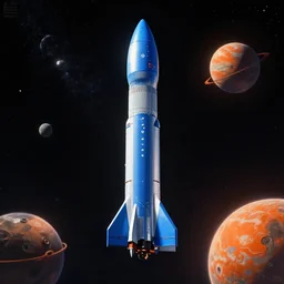 Blue V2 rocket in space, tin tin, Orange planet, intricate, SCI-Fi, movie poster, high detail, digital art by raphael lacoste