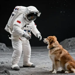 an astronaut seeing a dog, photo realistic, 8k