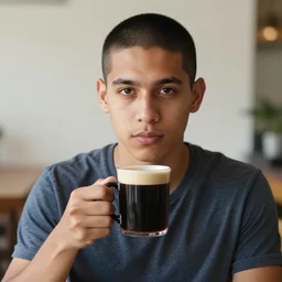 portrait of a ( ( ( una taza de cafe grande y negro ) ) ), ( ( guapo joven caliente colombiano mulato pelo buzzed ) ), nubes y magia, el sol, concept character, by greg rutowski and tezuka and oi and mucha and bierstadt and remington, trending on artstation