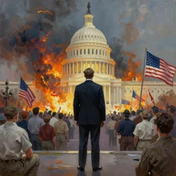 United States President viewing the Capital Burn, 1958, Oil on Canvas, Antiwar, full body, dramatic, digital art