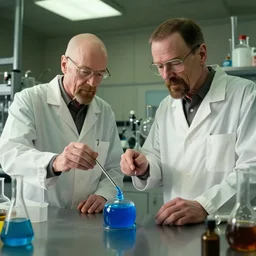 walter white and lalo salamanca cooking blue meth together in a chemistry laboratory, still from breaking bad