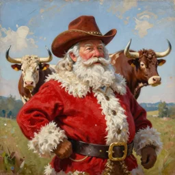 Redneck Santa with flying Longhorns, oil on canvas, intricate, portrait, 8k highly professionally detailed, HDR, CGsociety