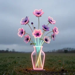 neon, overcast balmy by jim woodring. a land art of a group of anemones in a vase