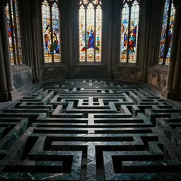 Establishing shot, ornately and intricately carved obsidian maze, infinite labyrinth, labyrinthine, extreme depth, high contrast, cinematic film still, arri alexa, ari aster, neobrutalist architecture, cathedral, large stained glass windows, cinematic lighting,  aesthetic by Noah Bradley, James gurney, and Vincent di fate