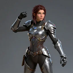 hyper detailed ultra sharp full body character portrait of a woman wearing hextech armor, in the style of arcane tv show, action pose, cinematic lighting, good value control, realistically proportioned face, photorealistic eyes, smooth, 3 d animation, cgi, cgi animation, backface culling, realistic shading, john singer sargent, studio fortiche