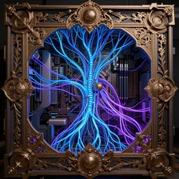 inside computer, ornate and intricate, by greg rutkowski, by midge sinnaeve, 4 k, cyber punk style, glowing blue veins, purple glowing wires
