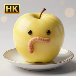 a golden delicious apple sitting on small fine china serving dish, ultrarealistic, a friendly worm pokes it's head out of the apple, bokeh, detailed, hq 8 k 4 k, superior detail, product lighting, intense, octane render, digital art.