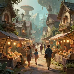 bustling alien market cozy fantasy village street view by artgerm and Craig Mullins, James Jean, Andrey Ryabovichev, Mark Simonetti and Peter Morbacher 16k