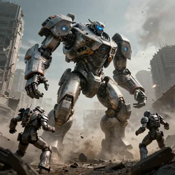 vfx film upward angle, wide angle, futuristic giant powerful sci - fi war mech walking out, brawl, knockout punch, haymaker impact, shatter, emerging from smoke and debris in war zone, crumbling buildings, titanfall irl, mechwarrior, hawken, battletech, pacific rim, flat color profile low - key lighting award winning photography arri alexa cinematography, hyper real photorealistic