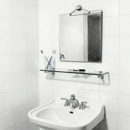 ultrarealistic pencil drawing by Isabel Quintanilla of a white tiled bathroom wall with a small mirror above a white ceramic lavabo, and a glass shelf with a glass with a toothbrush and some shaving equipment in Madrid, 1984